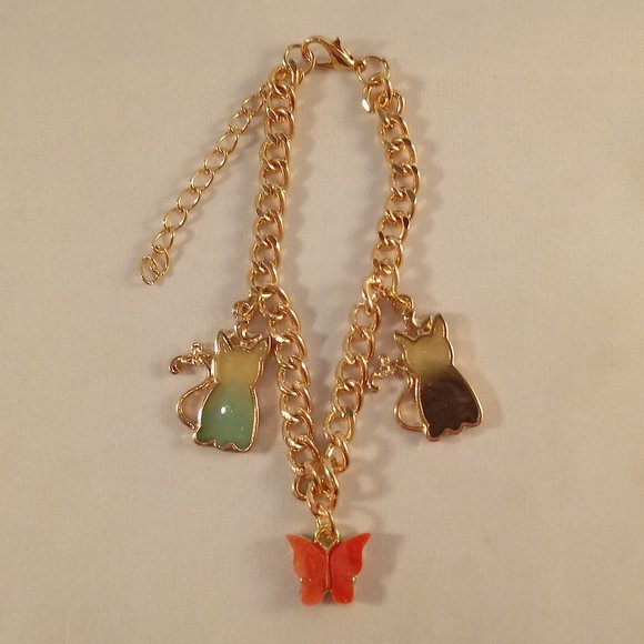 Yellow Gold Plated Mystic Cat Butterfly Charm Chain Bracelet Women's Party Gift - Picture 5 of 5